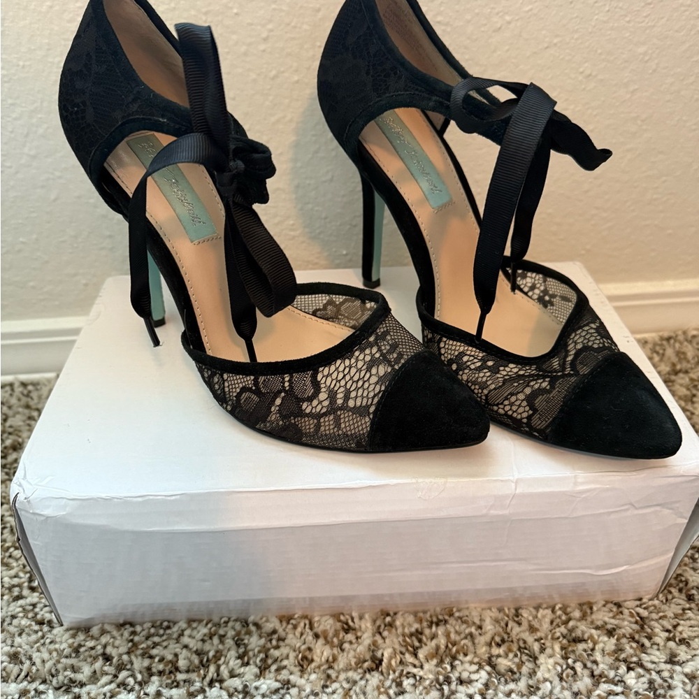 Betsey Johnson Black Lace Heels with Bow Accent